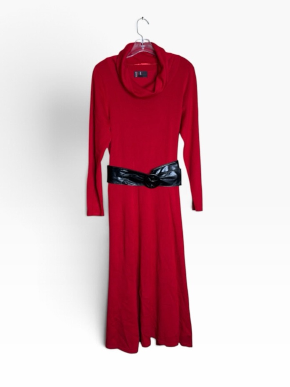 R&K Originals Red Cowl Neck Sweater Midi Dress M Black Belt Holiday